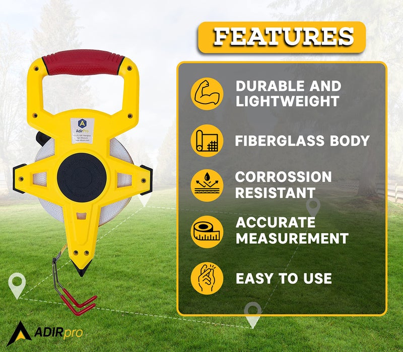 AdirPro Fiberglass 100' Appraiserâ€™s Measuring Tape Tape Rule with Extra Large Metal End Hook for Precise Measurements, Perfect for Appraisers, Surveyors, Landscapers - Image 3